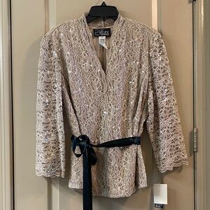 Alex Evenings Champagne Lace Sequin Wrap Blouse with Black Satin Tie